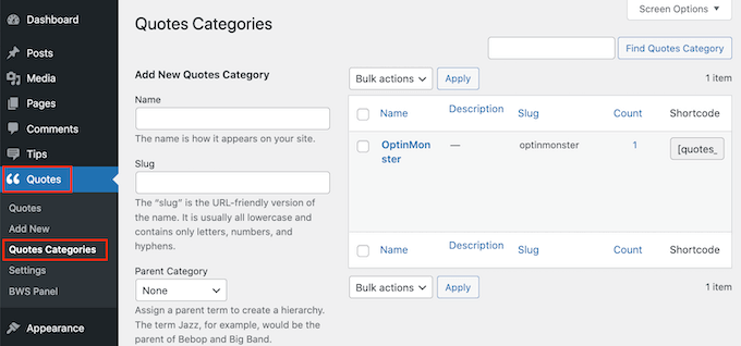 Muestre citas aleatorias en su barra lateral de WordPress Edite sus categorías de presupuesto