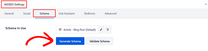 Guía para principiantes: uso de Rich Snippets en WordPress Haga clic en el botón Generar esquema en AIOSEO