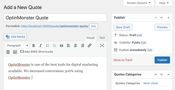 Muestre citas aleatorias en su barra lateral de WordPress Una cita de un cliente de OptinMonster