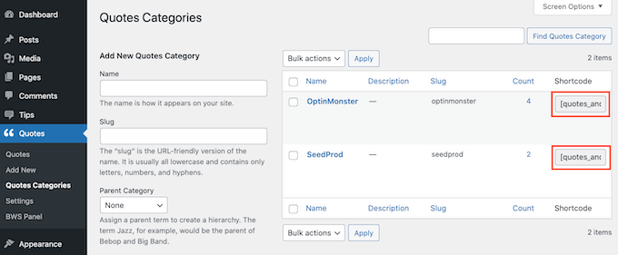 Muestre citas aleatorias en su barra lateral de WordPress Una lista de categorías de citas de WordPress