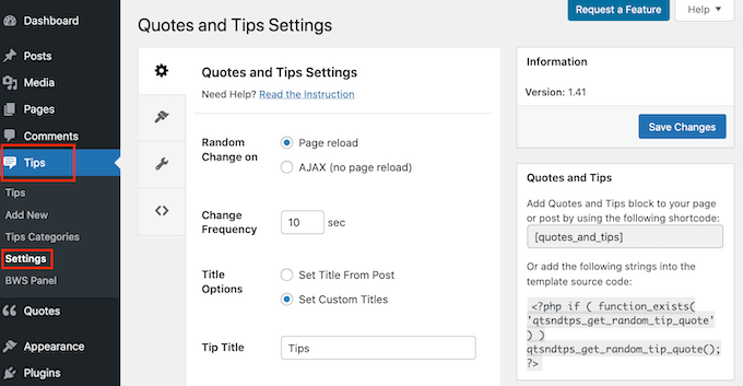 Muestre citas aleatorias en su barra lateral de WordPress La página de configuración para citas y consejos