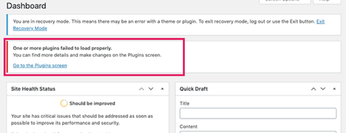 Usando el modo de recuperación de WordPress (2 formas) Tablero de modo de recuperación