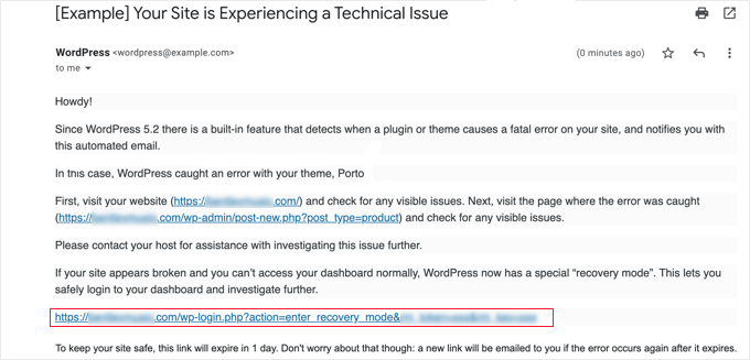 Usando el modo de recuperación de WordPress (2 formas) Correo electrónico de WordPress sobre un problema técnico en su sitio