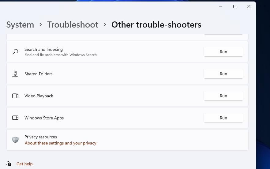 La lista de solucionadores de problemas en Configuración