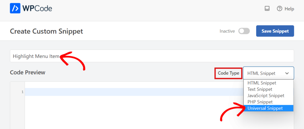 Seleccione Universal Snippet como tipo de código
