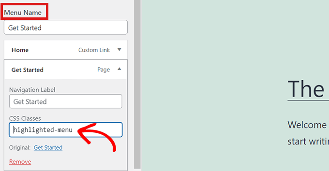 Escribe un menú resaltado como una clase CSS