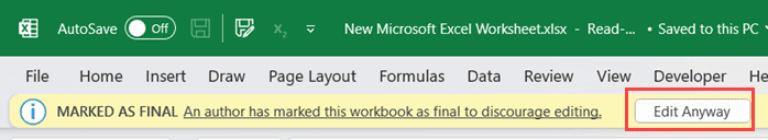 ¿Cómo marco un libro de Excel como final? luego haga clic en el botón Editar en cualquier lugar cuando se abra Excel