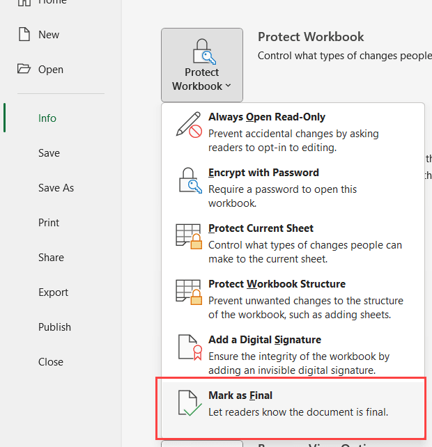 ¿Cómo marco un libro de Excel como final? haga clic en el marcador como la última opción
