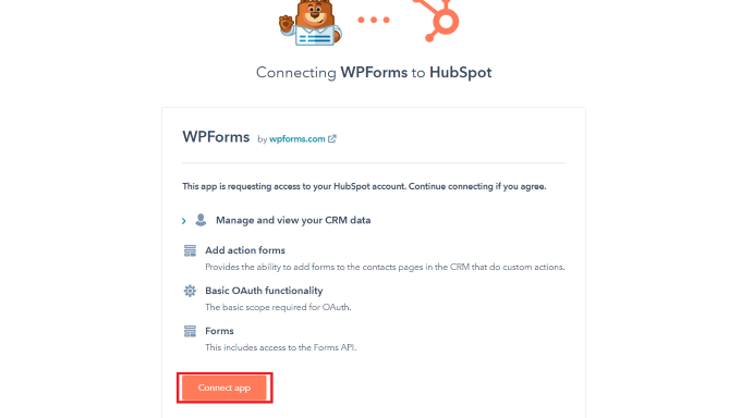 Haga clic en el botón Conectar aplicación para conectar WPForms y HubSpot