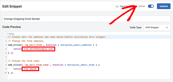 Fragmento de edición de WPCode