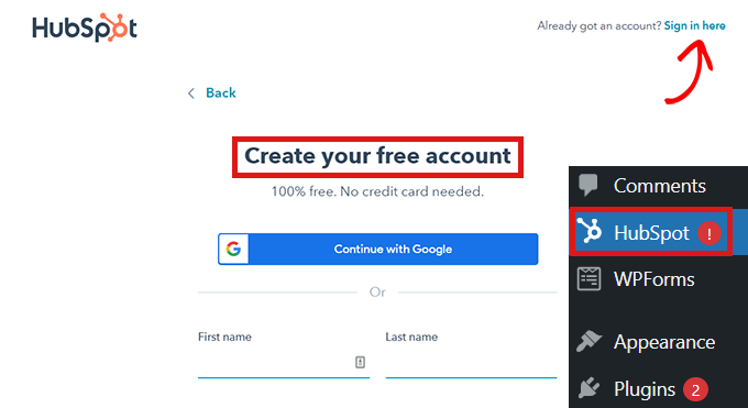 Desde el tablero, ve a HubSpot y haz clic en el enlace Iniciar sesión aquí