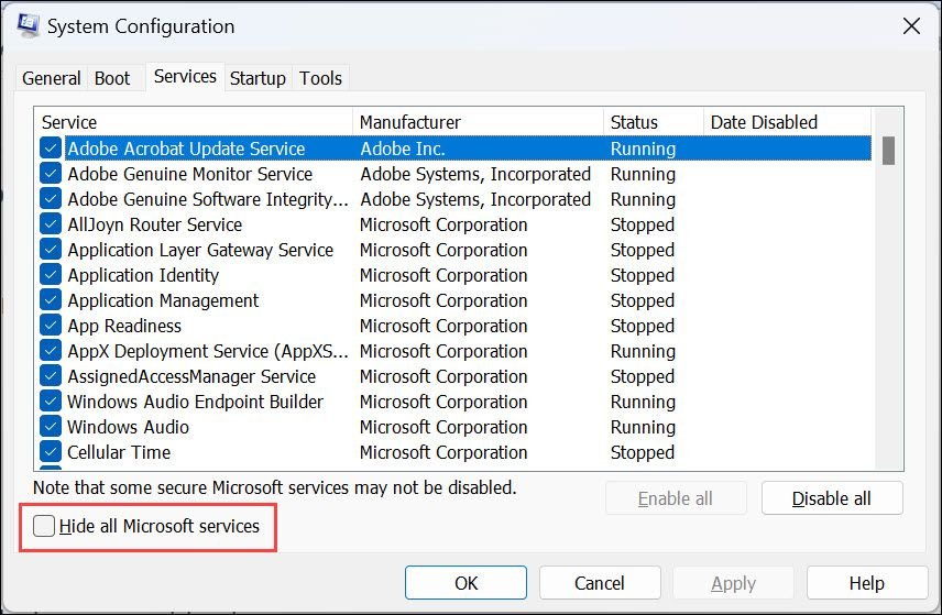 Esconder todos los servicios de Microsoft