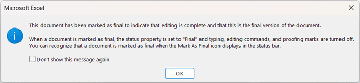 ¿Cómo marco un libro de Excel como final? cuadro de mensaje que indica que el archivo se ha marcado como final y se deben desaconsejar los cambios