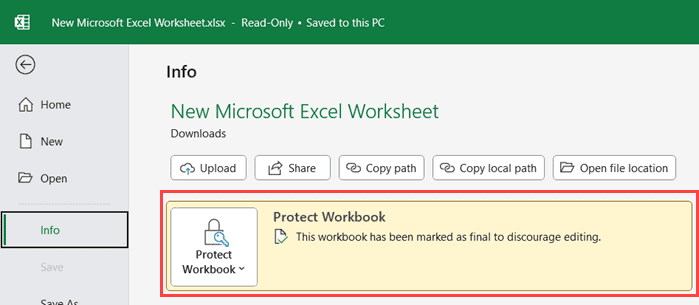 ¿Cómo marco un libro de Excel como final? la opción proteger el libro de trabajo está en color amarillo