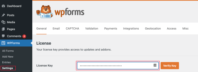 Licencia de WPForms Ingrese la clave de licencia de WPForms