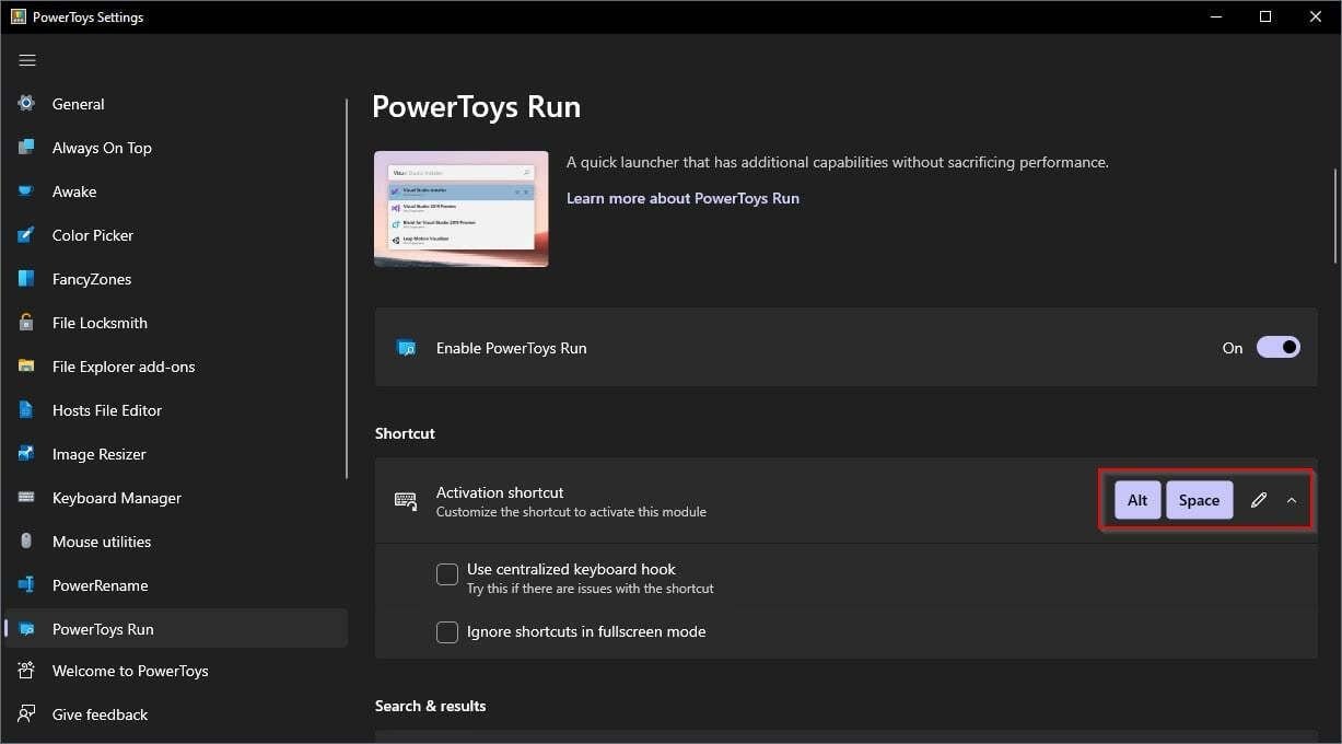 Atajo de activación de ejecución de PowerToys