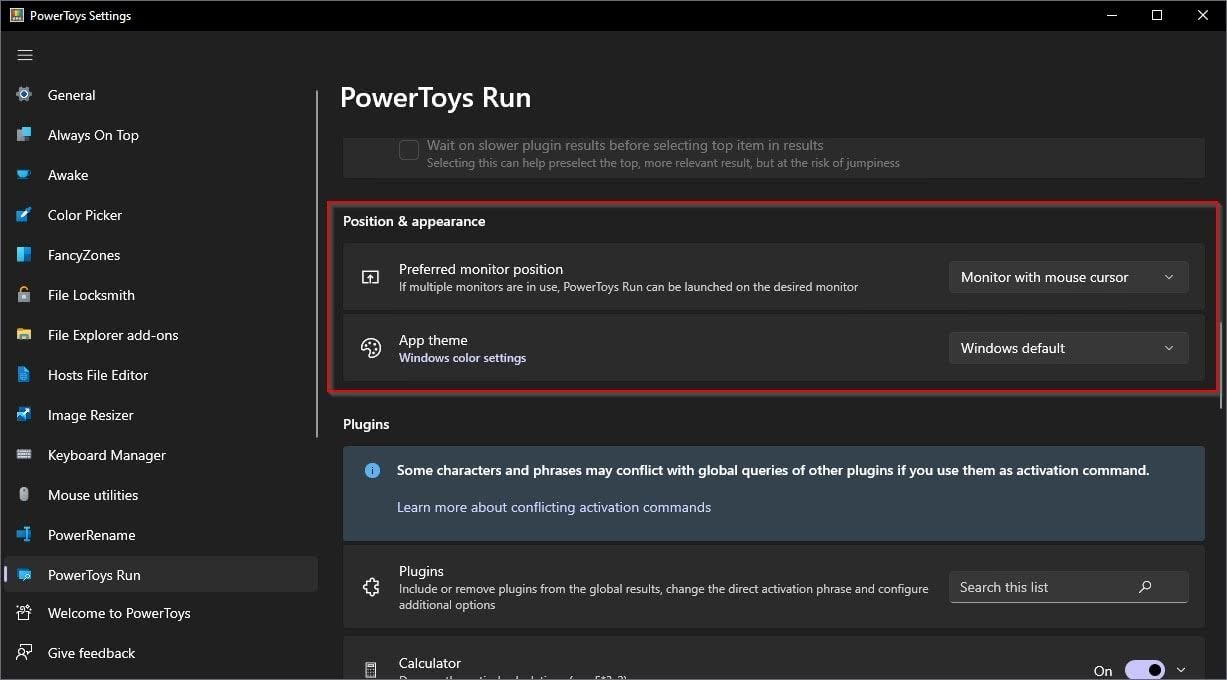 Configuración de apariencia y posición de carrera de PowerToys