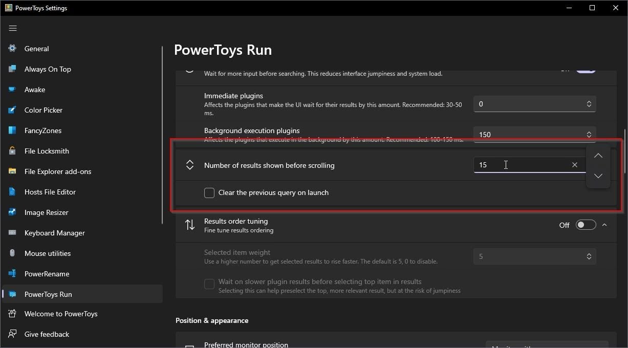 PowerToys Ejecutar Configuración Búsqueda y resultados Número de resultados