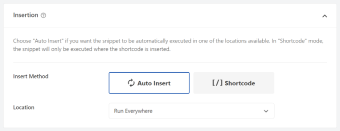 Seleccionar opciones de inserción de código Seleccione el método de inserción automática predeterminado en WPCode