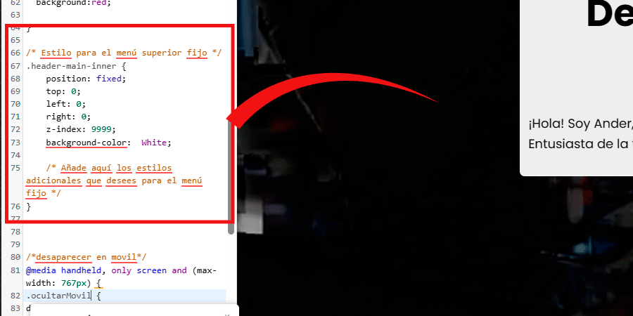 identificar la class ahora lo que resta es incluirla Código CSS para dejar fijo el menú en WordPress